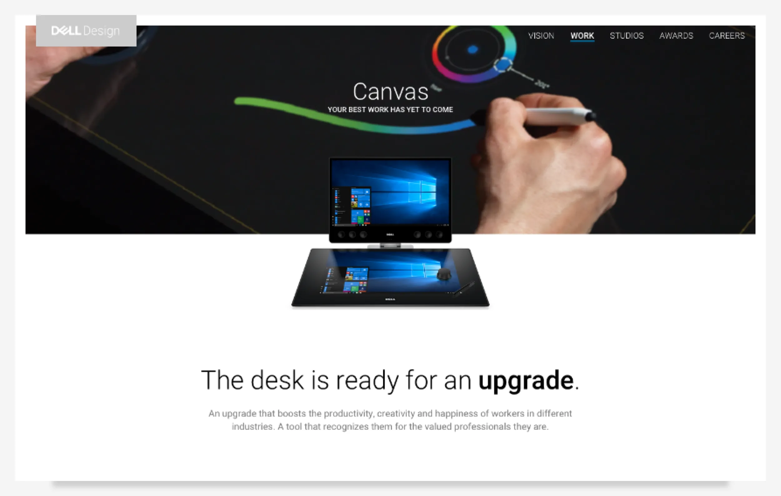 Case study page for Dell Canvas: a hand drawing on the Canvas display, above the headline “The desk is ready for an upgrade.”