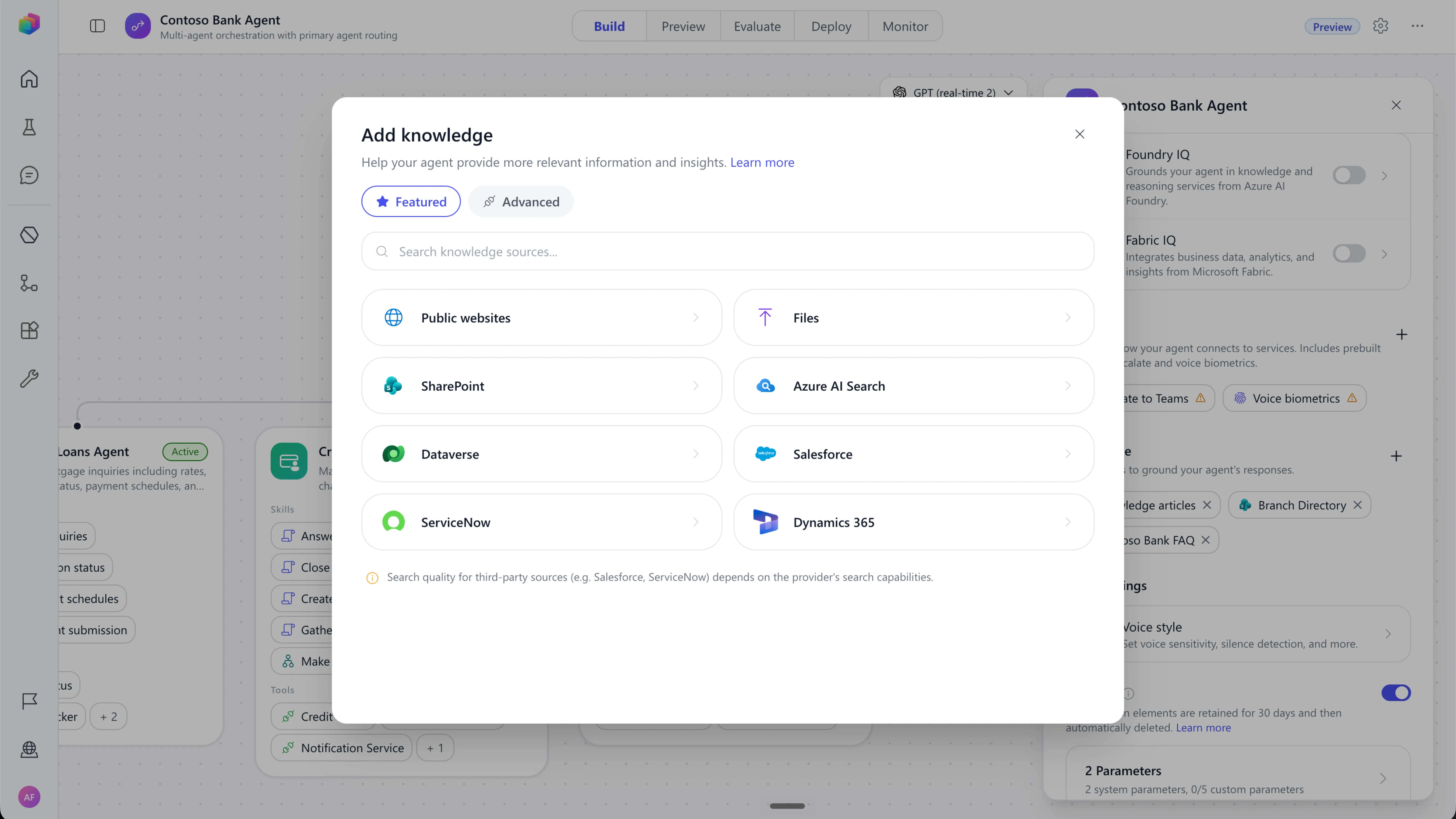 The Add knowledge dialog listing eight sources, from Public websites and Files to Salesforce, ServiceNow and Dynamics 365.