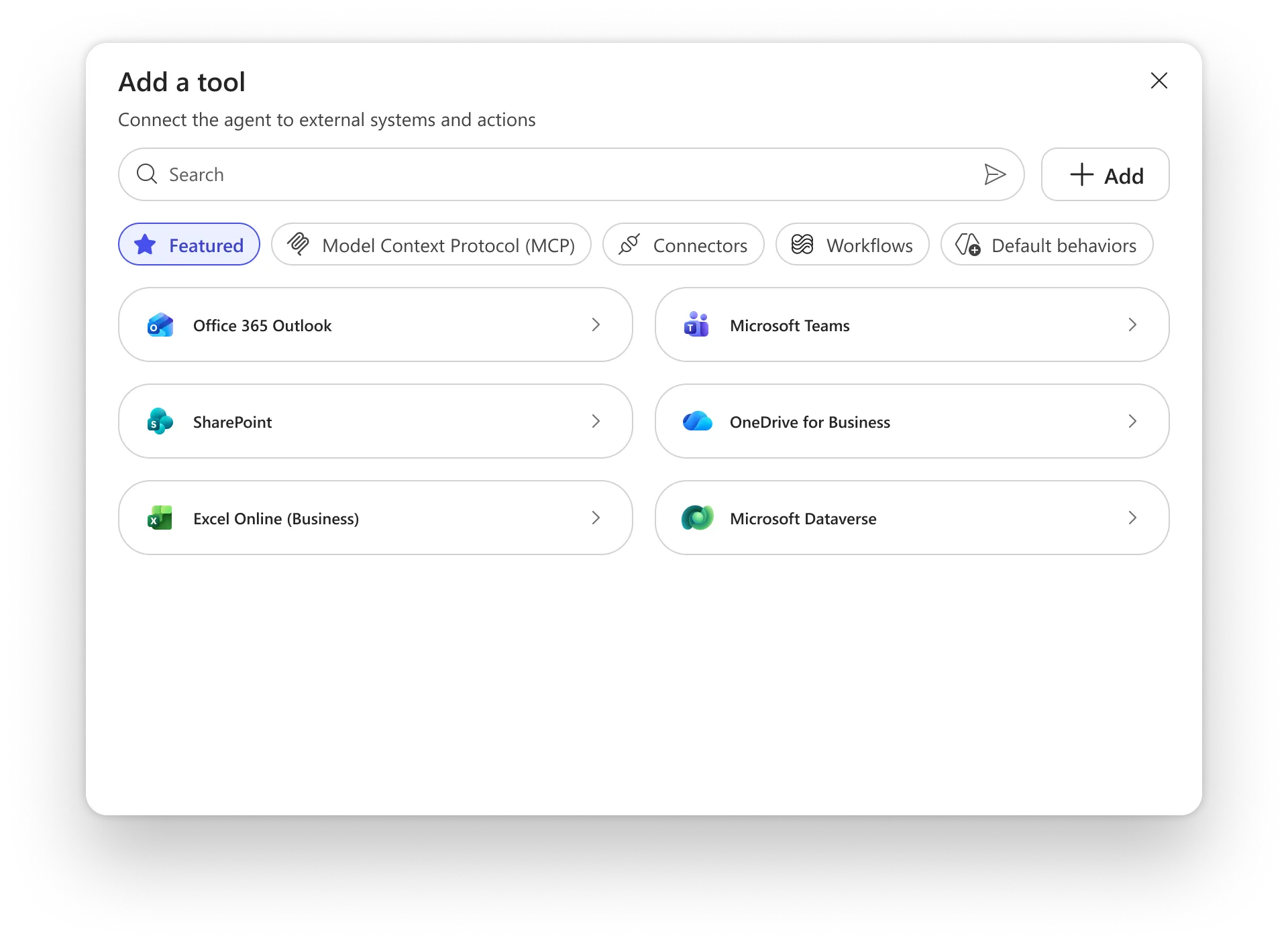 The Add a tool dialog with tabs for Featured, MCP, Connectors, Workflows and Default behaviors, and six featured tools.