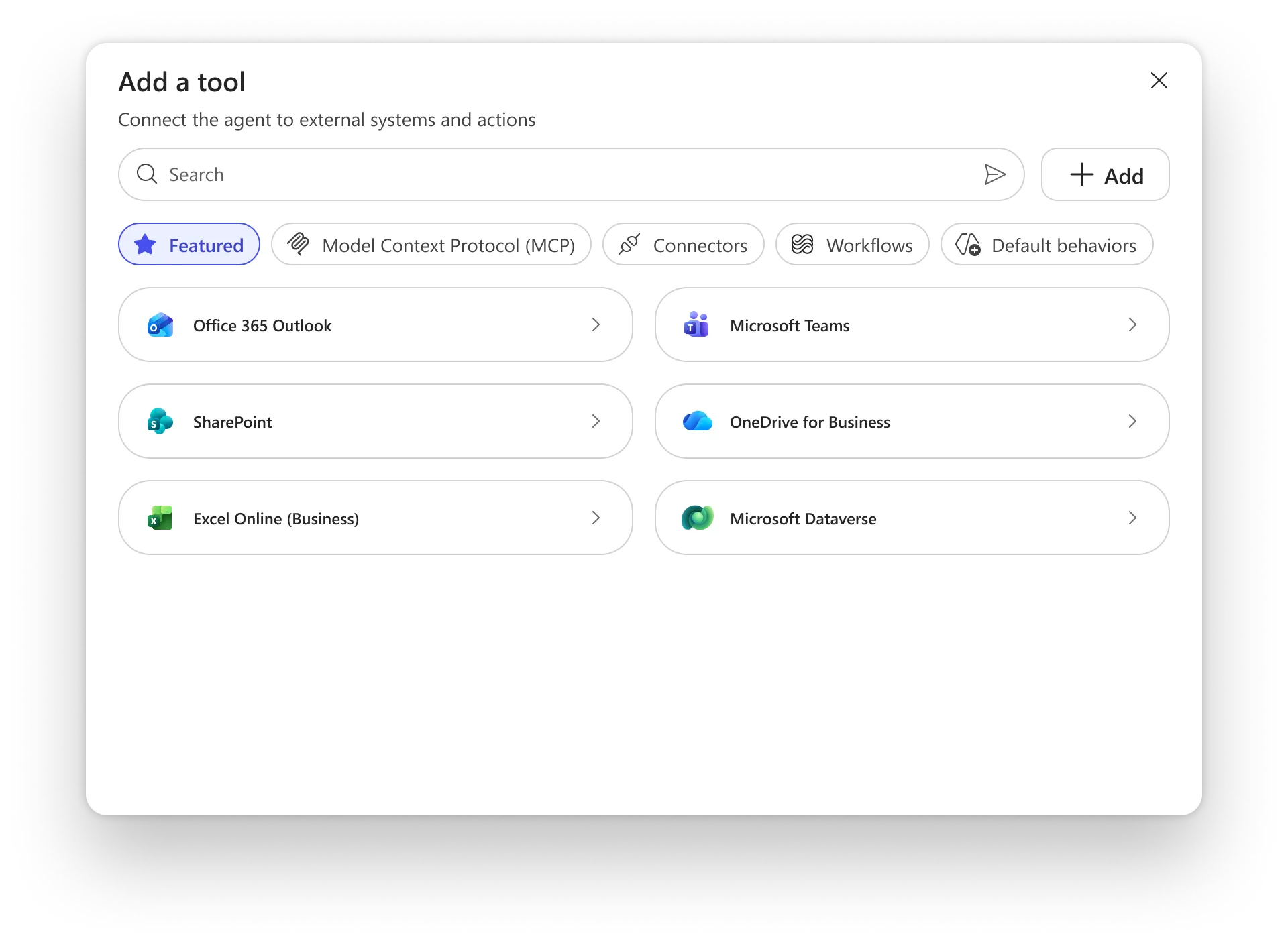 The Add a tool dialog with tabs for Featured, MCP, Connectors, Workflows and Default behaviors, and six featured tools.
