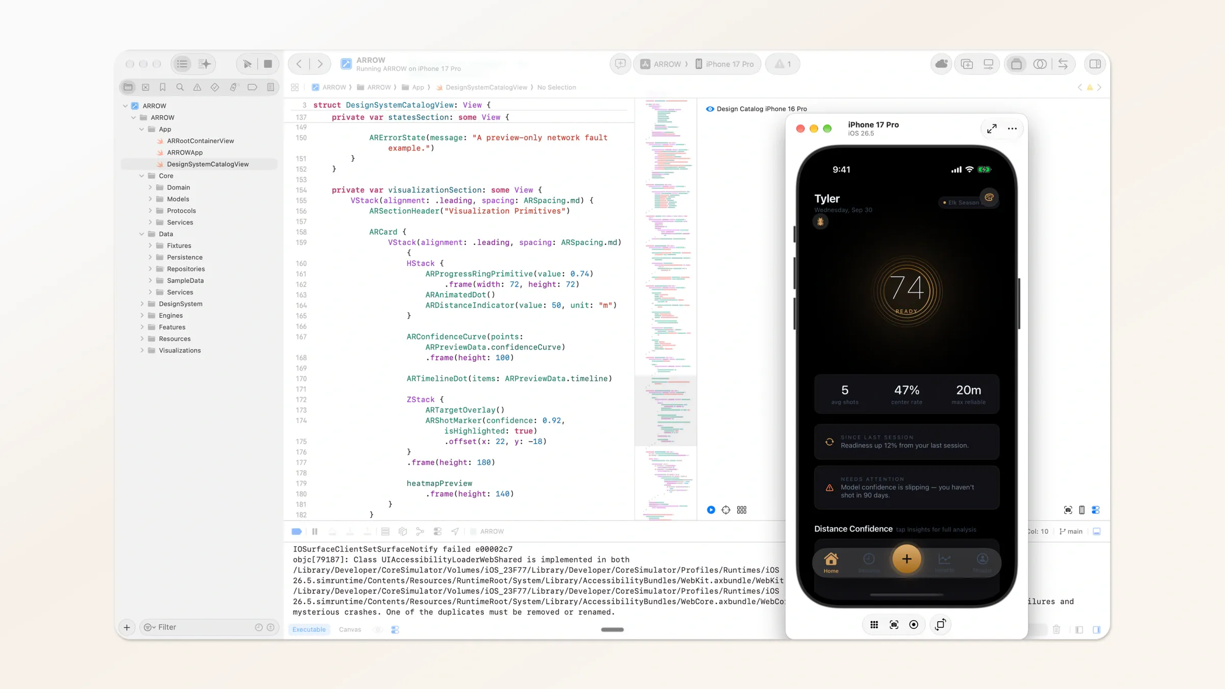 Xcode with SwiftUI code for an archery app beside the iPhone simulator, which shows a dark home screen with a score of 74 and session stats.