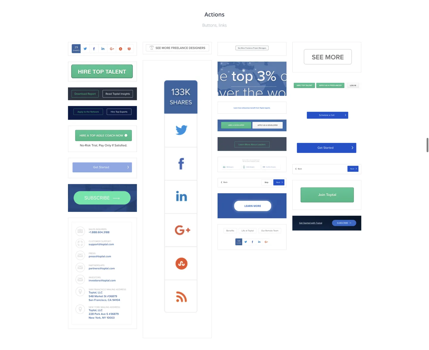 An audit board of Toptal's buttons and links in four columns: green, blue, outlined and pill-shaped, in many sizes.