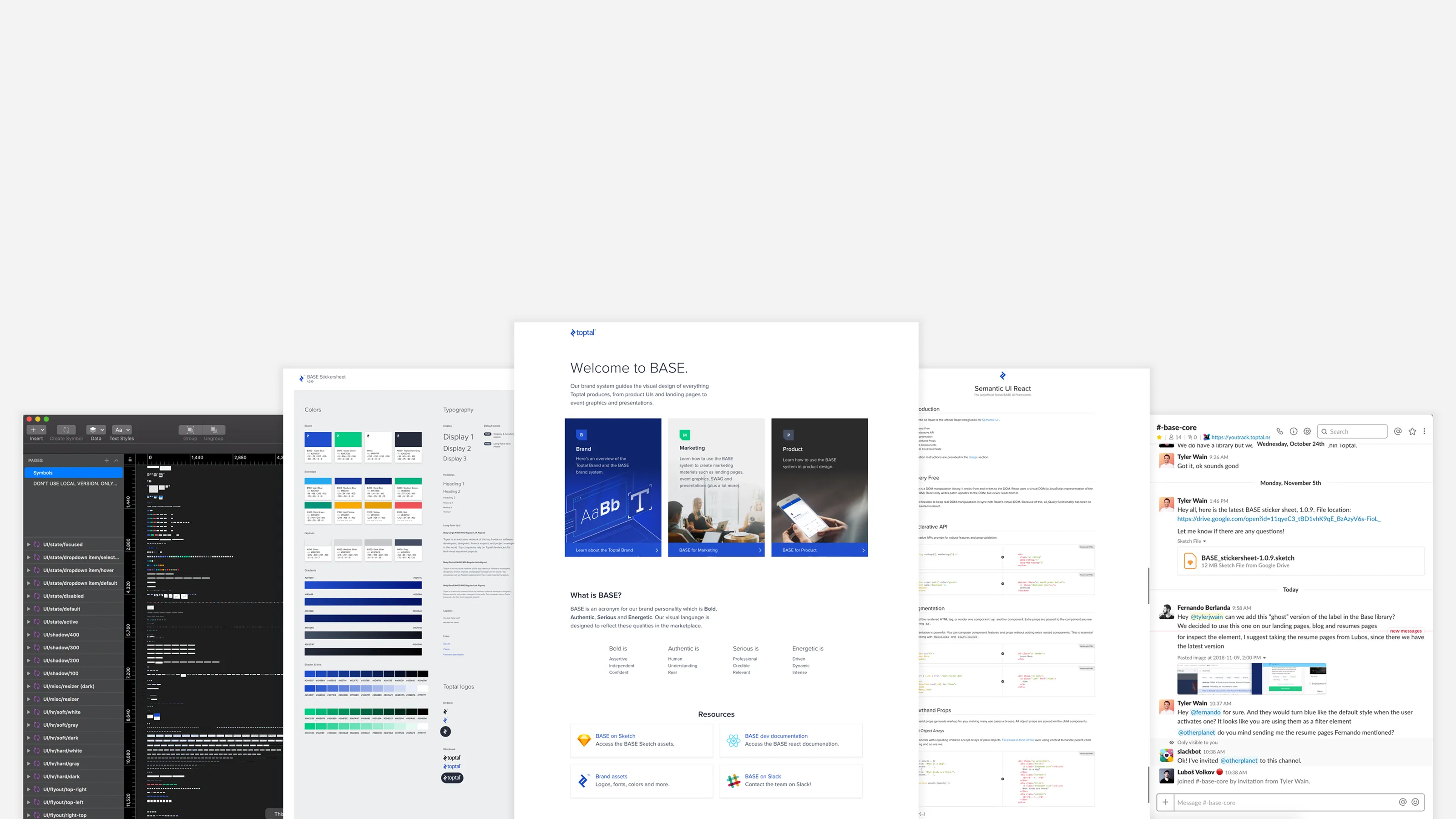 Five BASE resources side by side: Sketch library, sticker sheet, documentation site, developer docs and a Slack channel.
