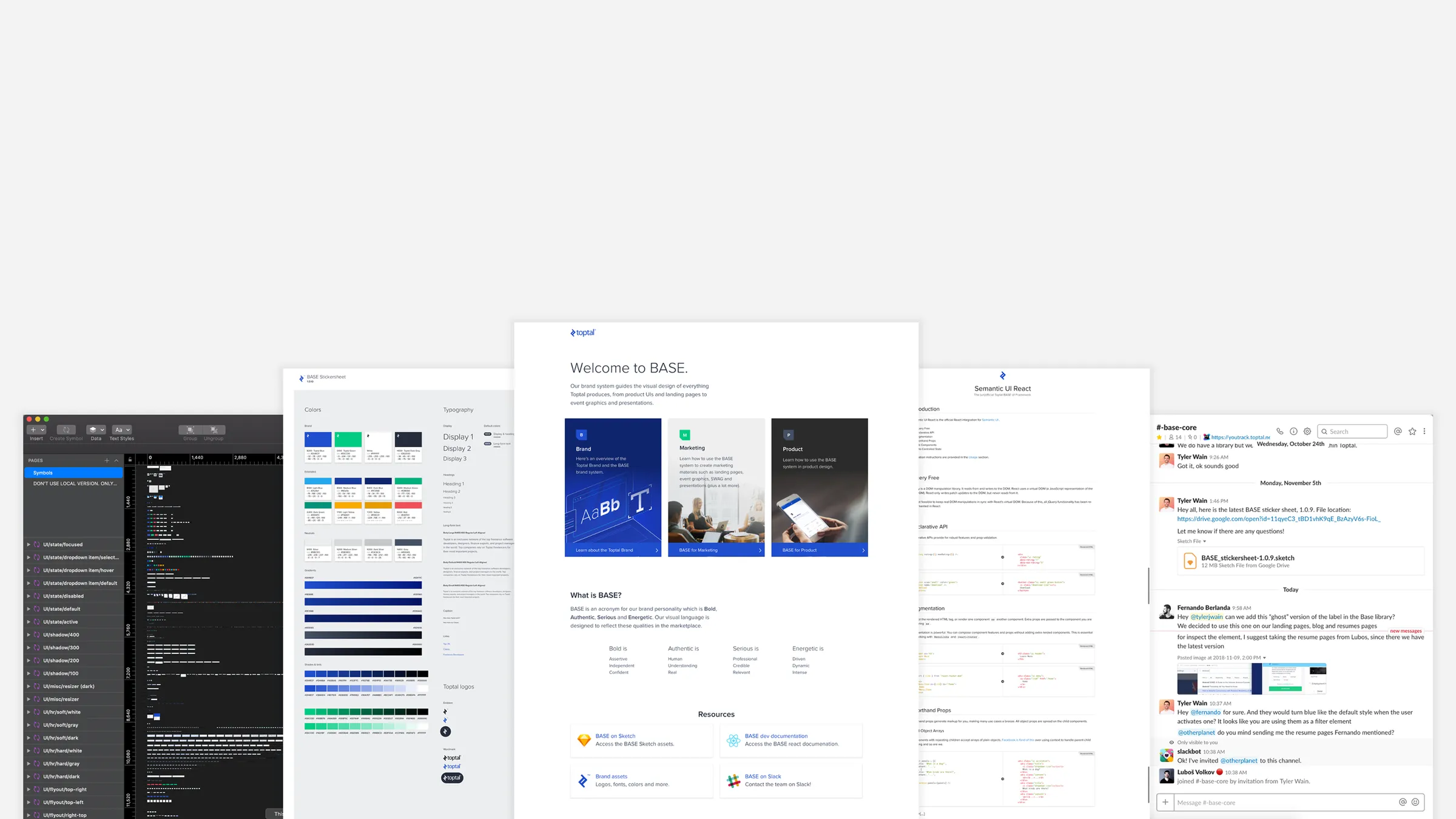 Five BASE resources side by side: Sketch library, sticker sheet, documentation site, developer docs and a Slack channel.