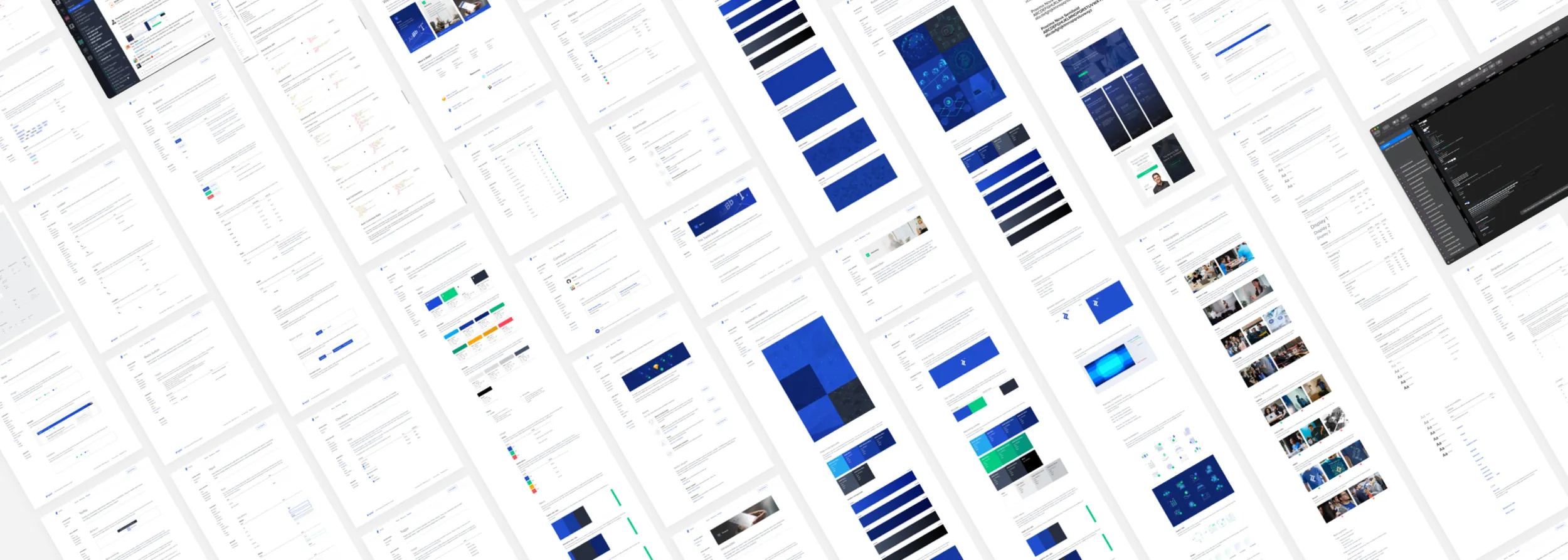 Tilted collage of BASE site pages: color swatches, photo grids, type specimens and guideline text, with Slack and Sketch windows.