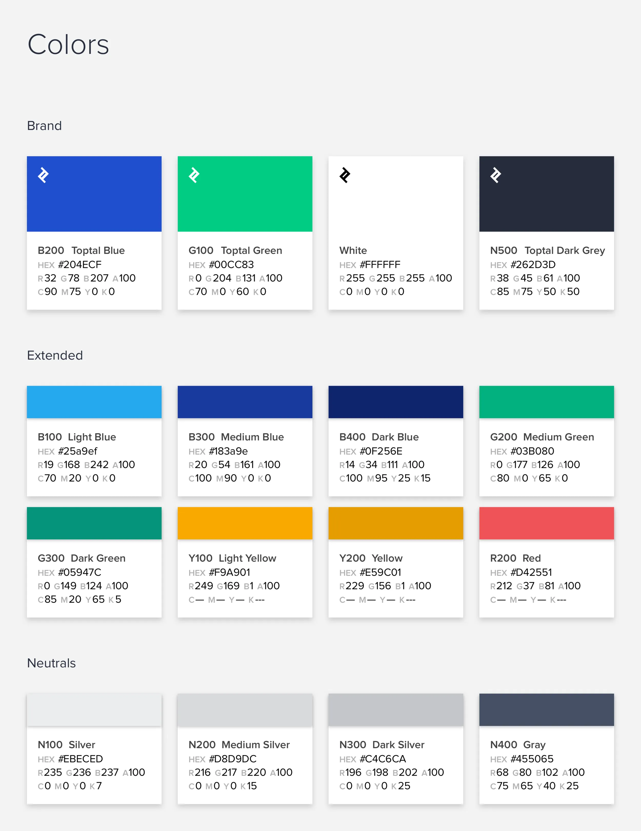 A BASE Colors page with swatch cards under Brand, Extended and Neutrals, each listing hex, RGB and CMYK values.