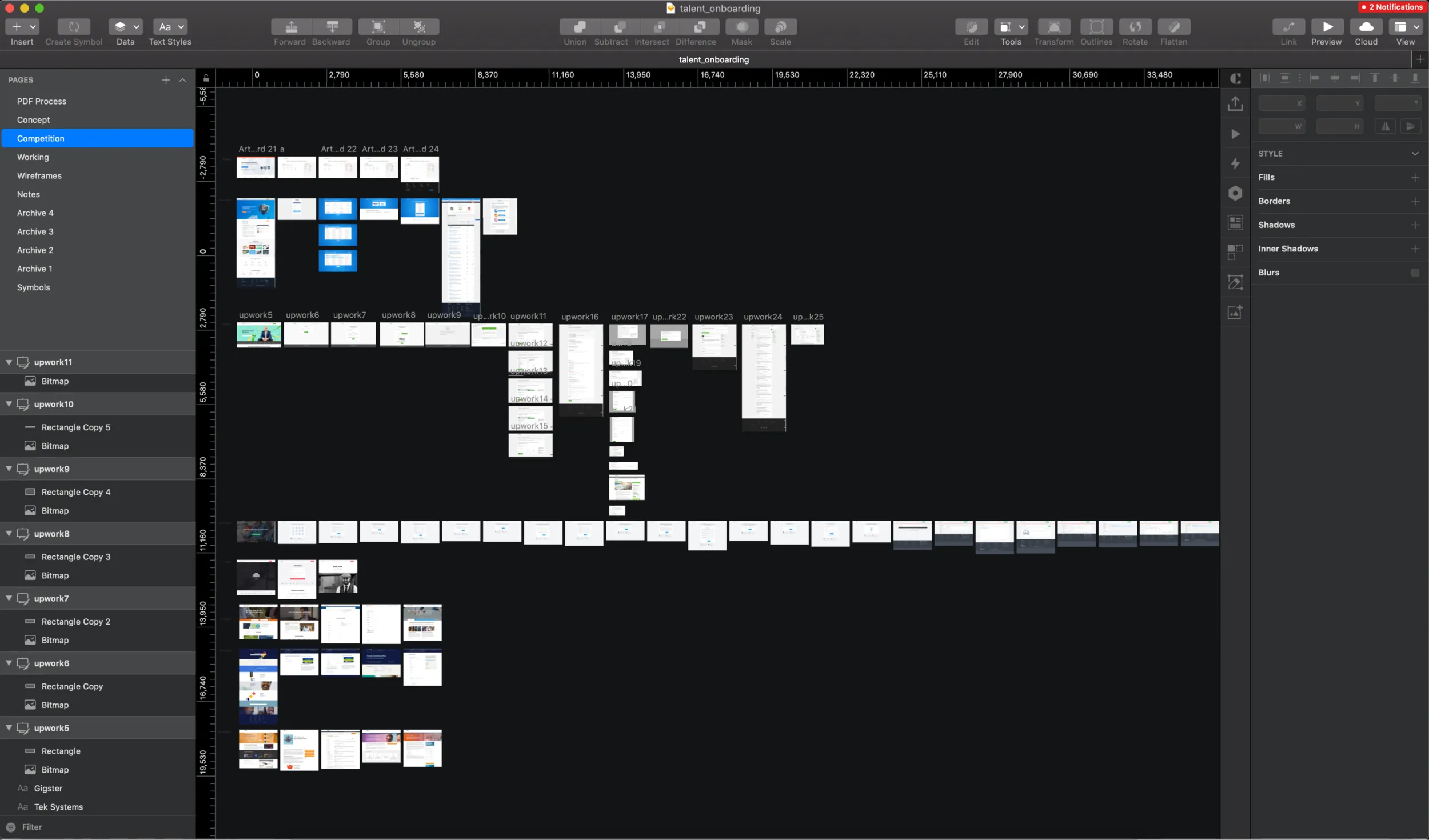 A Sketch file open to its Competition page, with rows of small competitor screens in clusters on a dark canvas.
