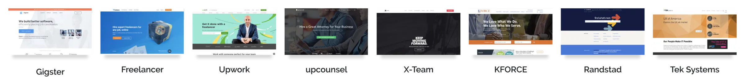 Eight competitors' sign-up pages side by side, each labeled with the company's name.