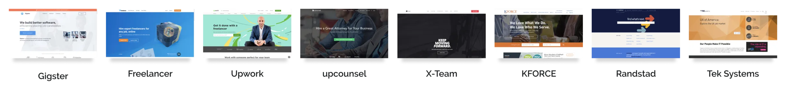 Eight competitors' sign-up pages side by side, each labeled with the company's name.