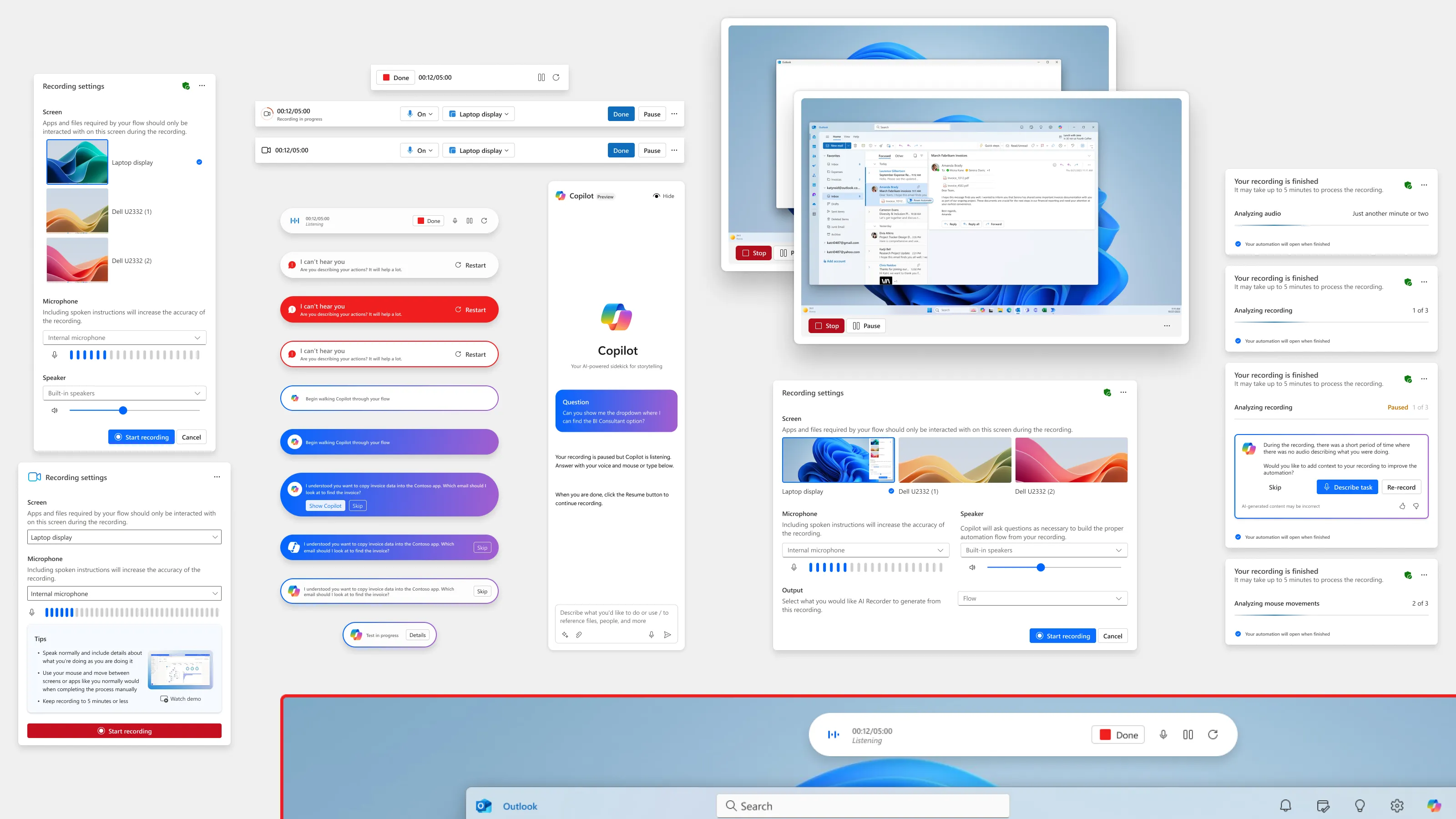 Design sheet of screen-picker panels, recording toolbars, error banners, and a monitor outlined in red.