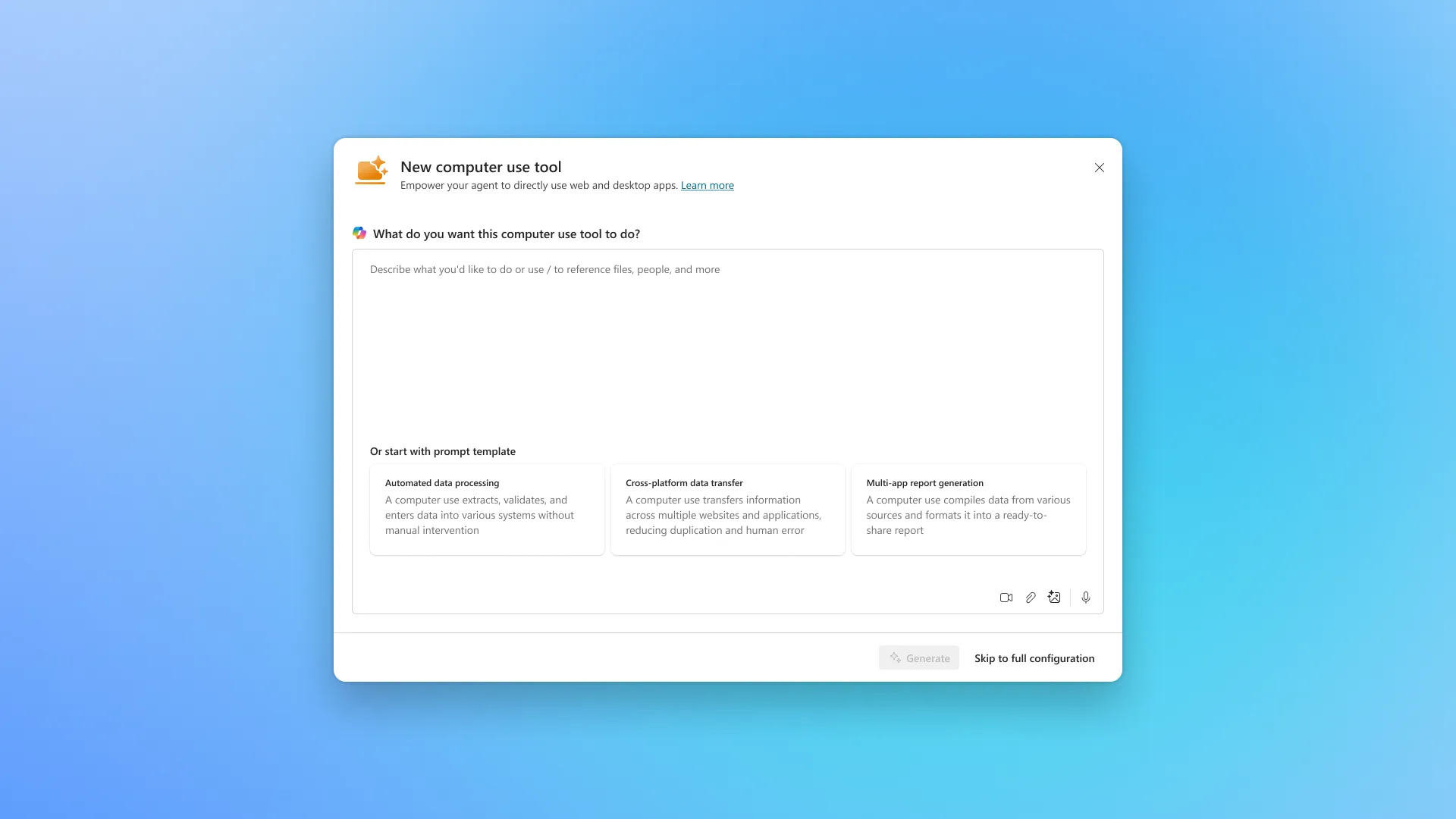 Copilot Studio create page with cards for Create workflow, Create autonomous agent and Computer-using agent.