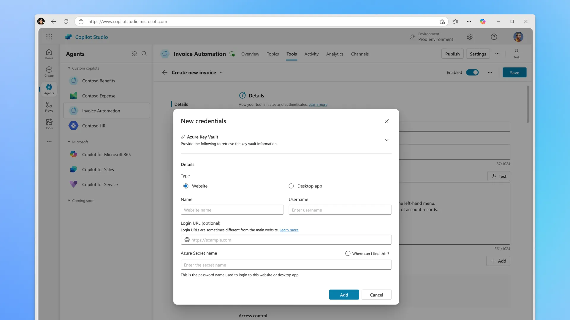 A New credentials dialog over an agent's Tools tab, with Azure Key Vault as the source and empty name, username and URL fields.