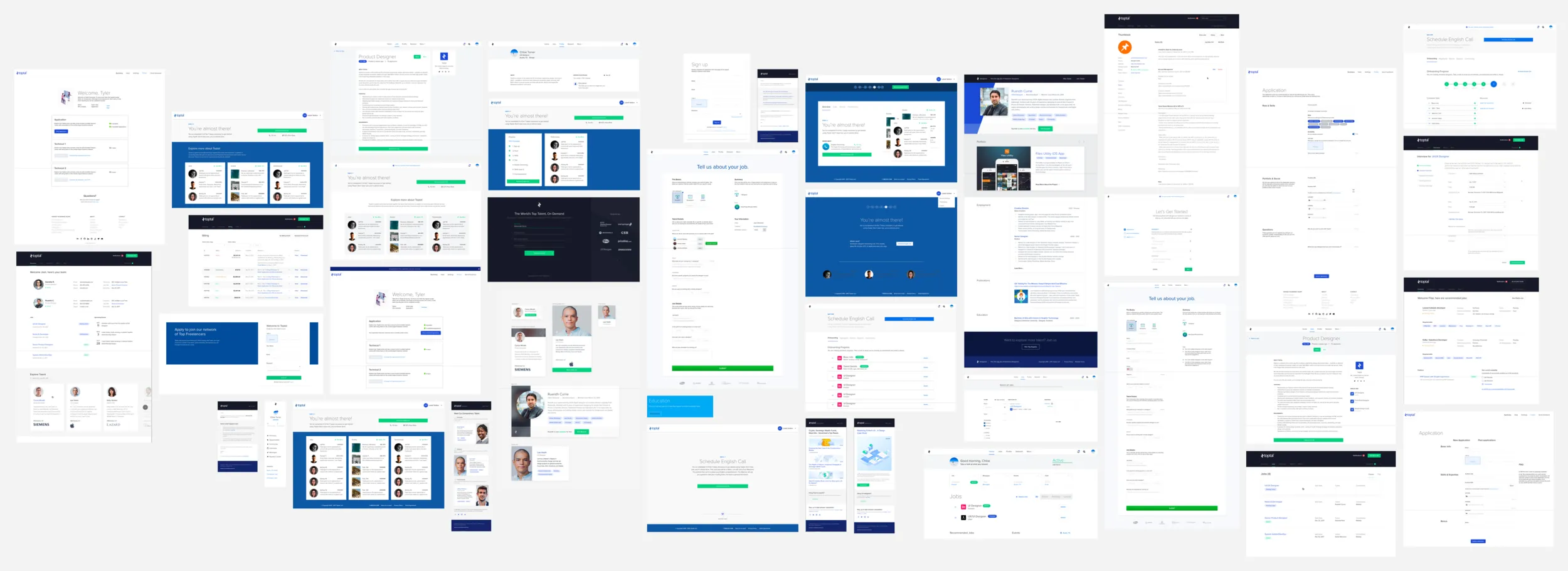 A wide canvas of about forty Toptal screens in loose rows, mostly white and blue pages with a few dark ones.
