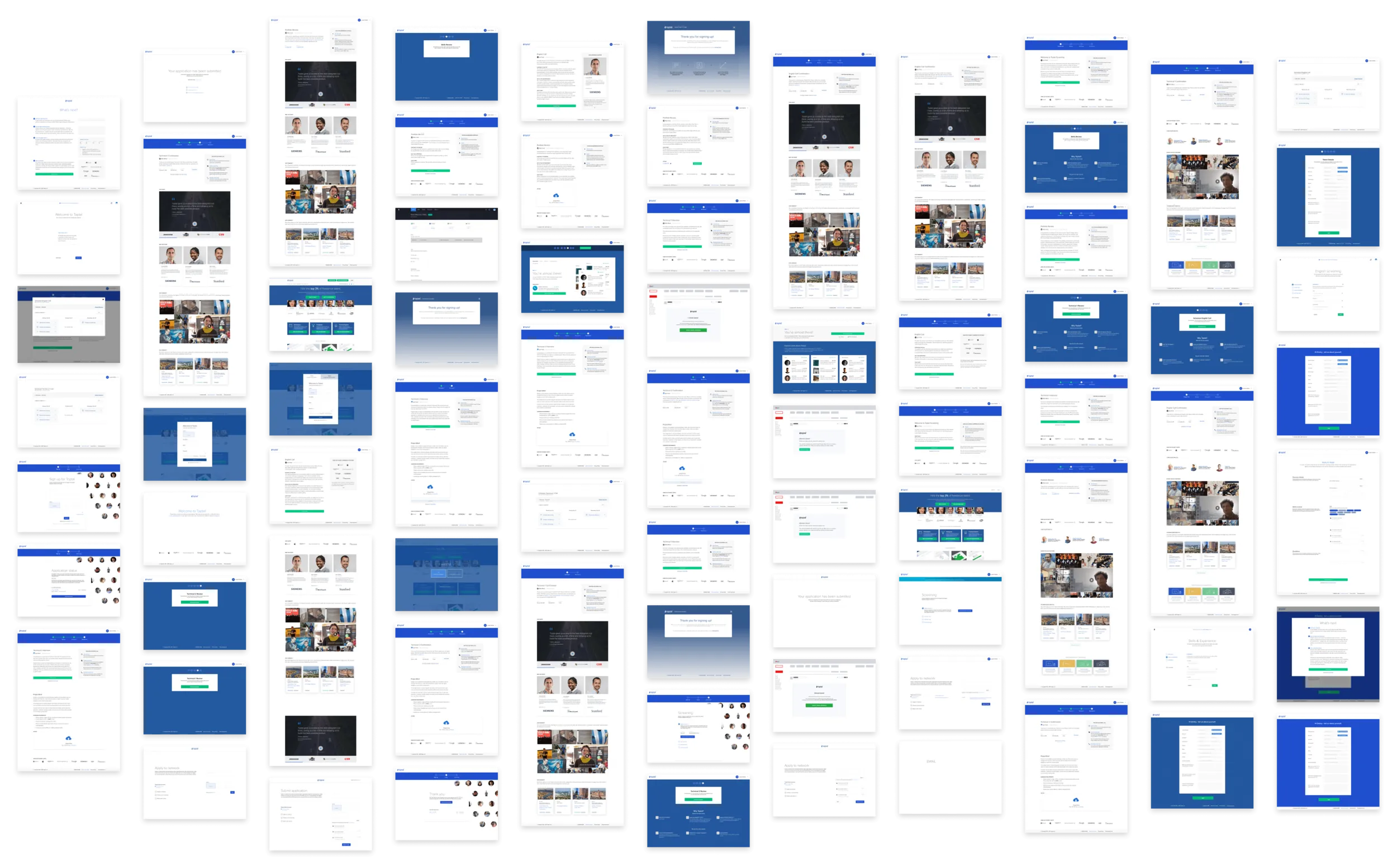A large canvas of about seventy small Toptal screens in columns, mostly white or blue pages with forms and cards.