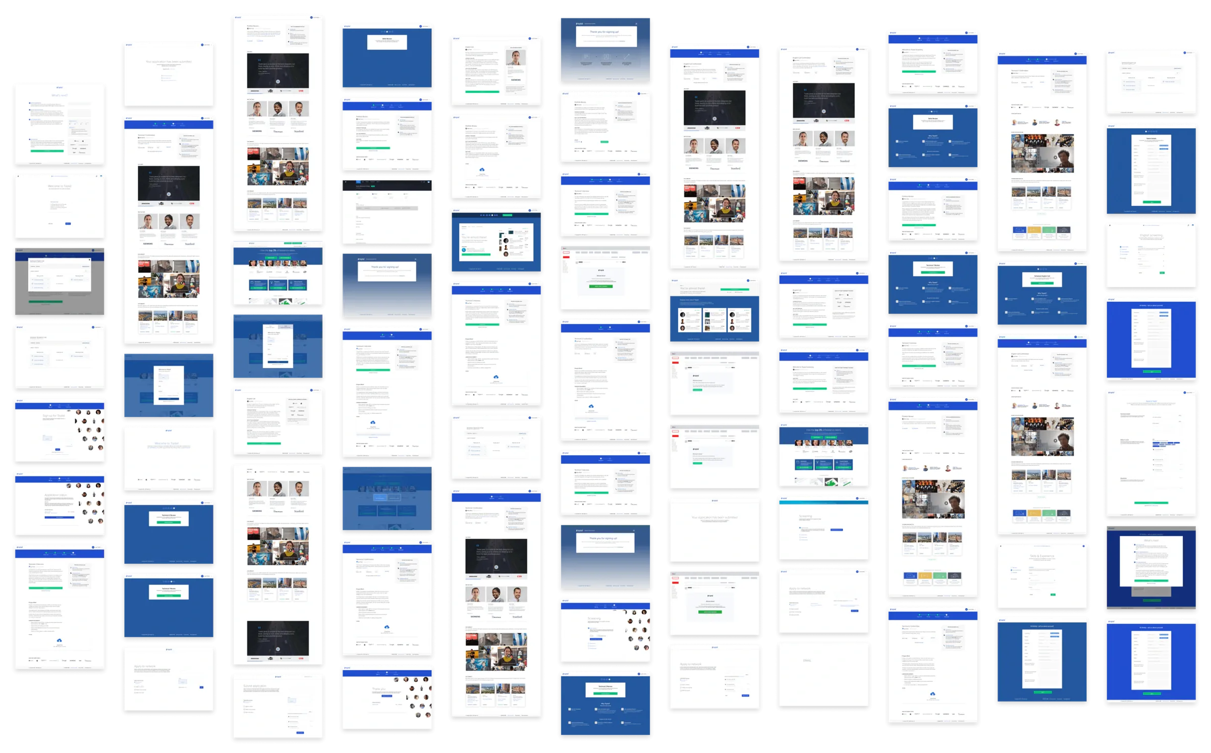 A large canvas of about seventy small Toptal screens in columns, mostly white or blue pages with forms and cards.