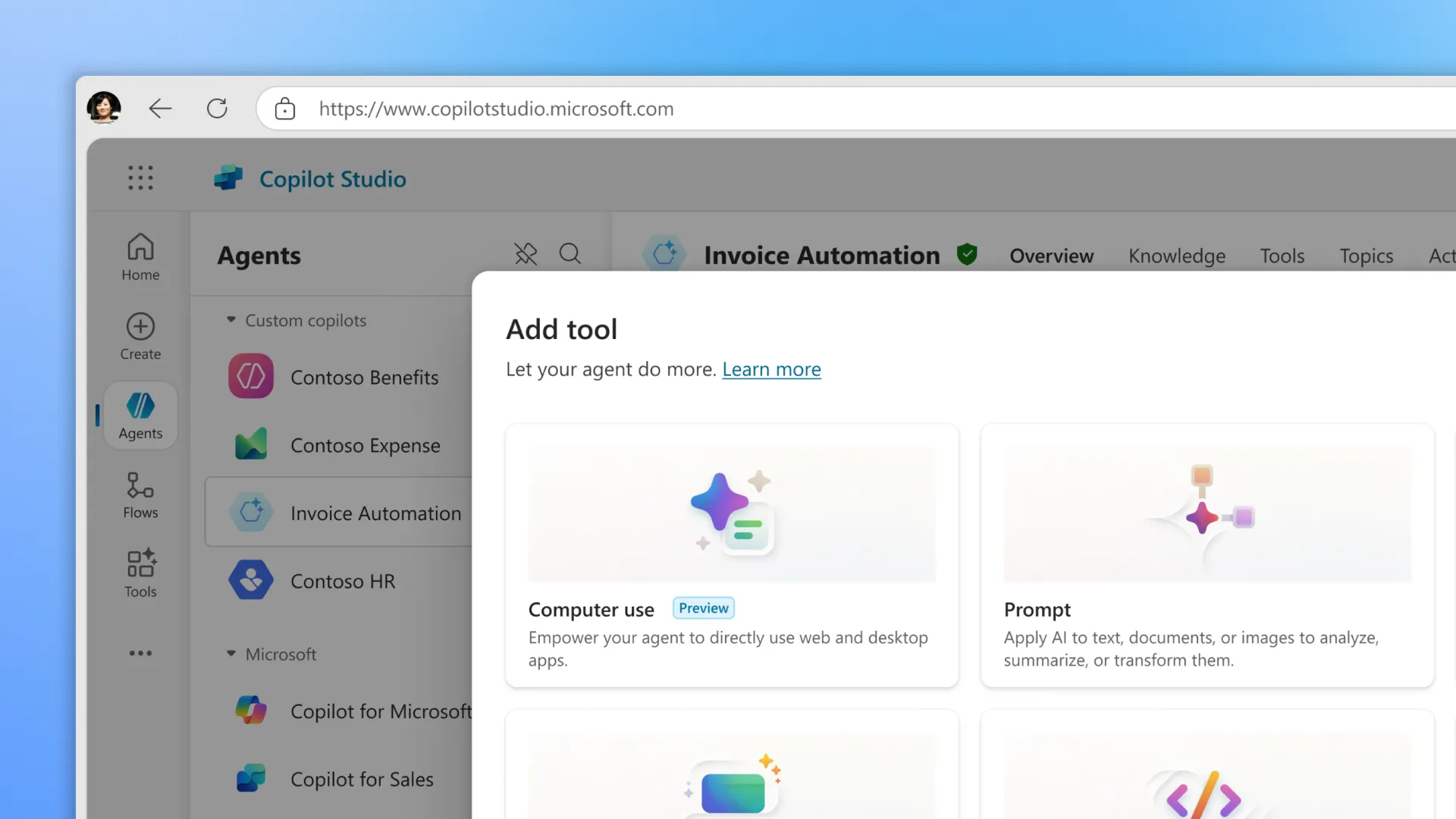 Copilot Studio in a browser with an Add tool panel listing Computer use, marked Preview, beside Prompt and other tools.