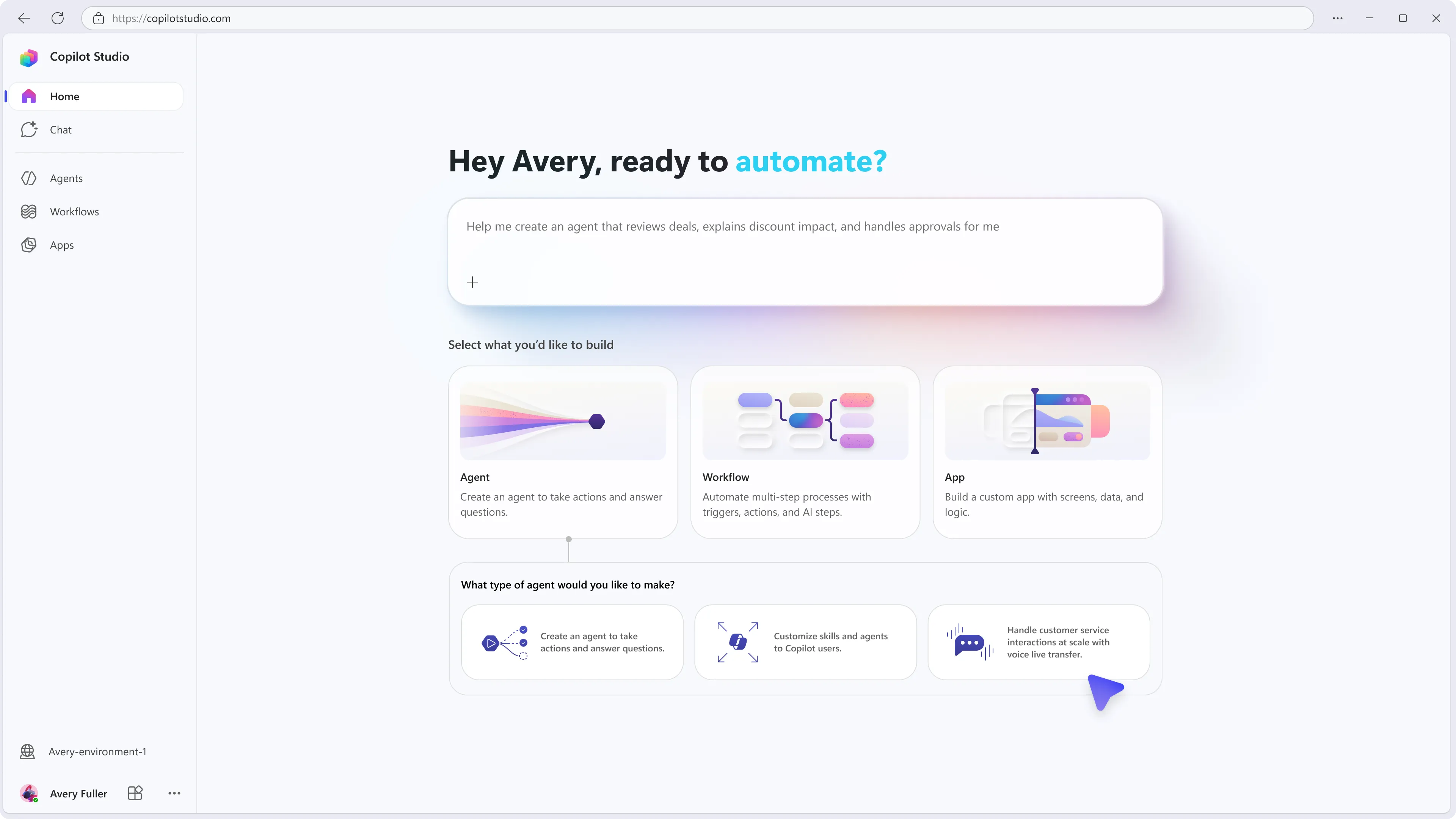 Copilot Studio home page with a prompt box, options to build an agent, workflow or app, and three agent types.