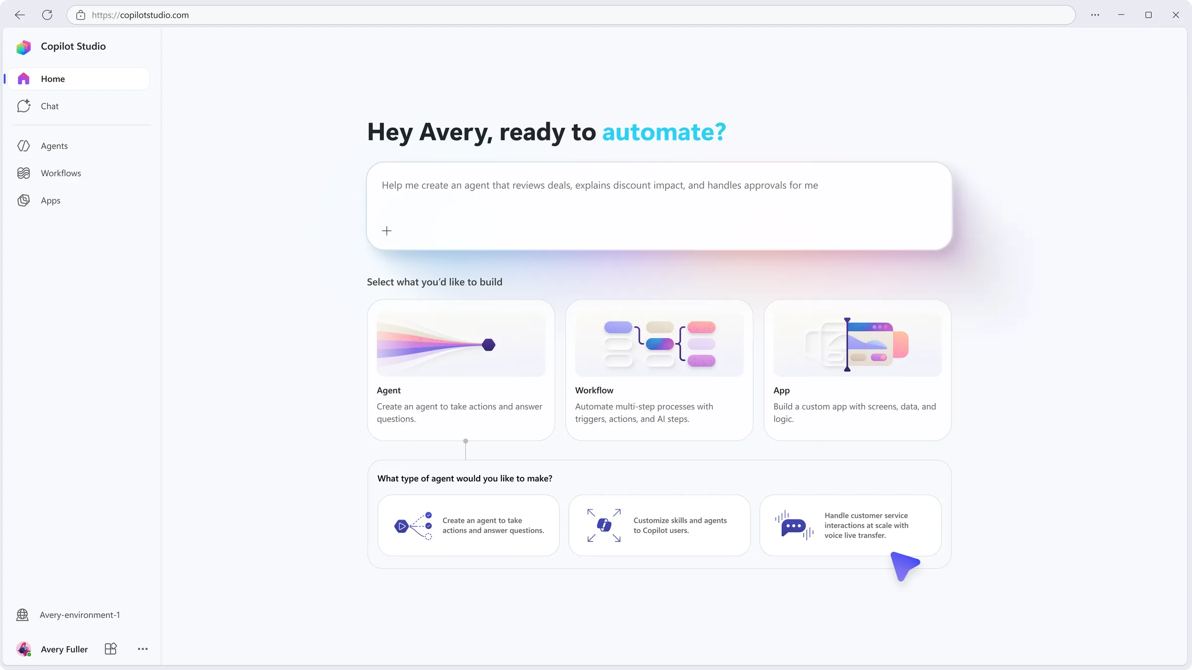 Copilot Studio home page with a prompt box, options to build an agent, workflow or app, and three agent types.