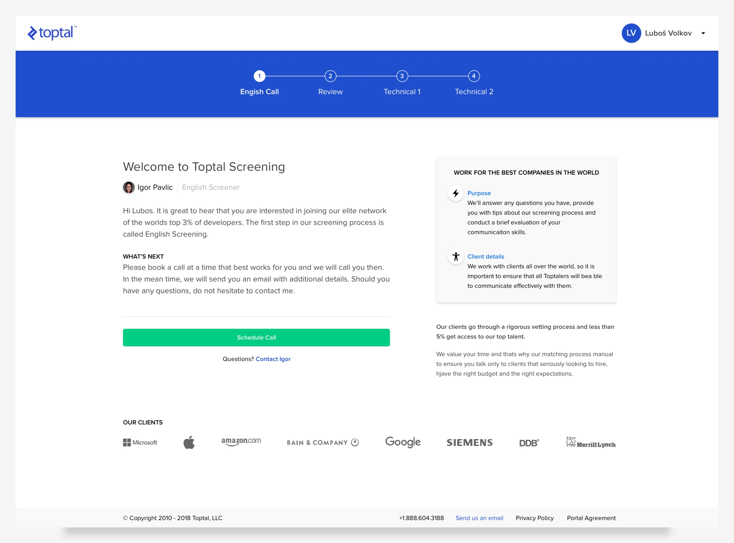 First step of the redesigned flow: a four-step progress bar, a welcome message, a green Schedule Call button and a tips card.