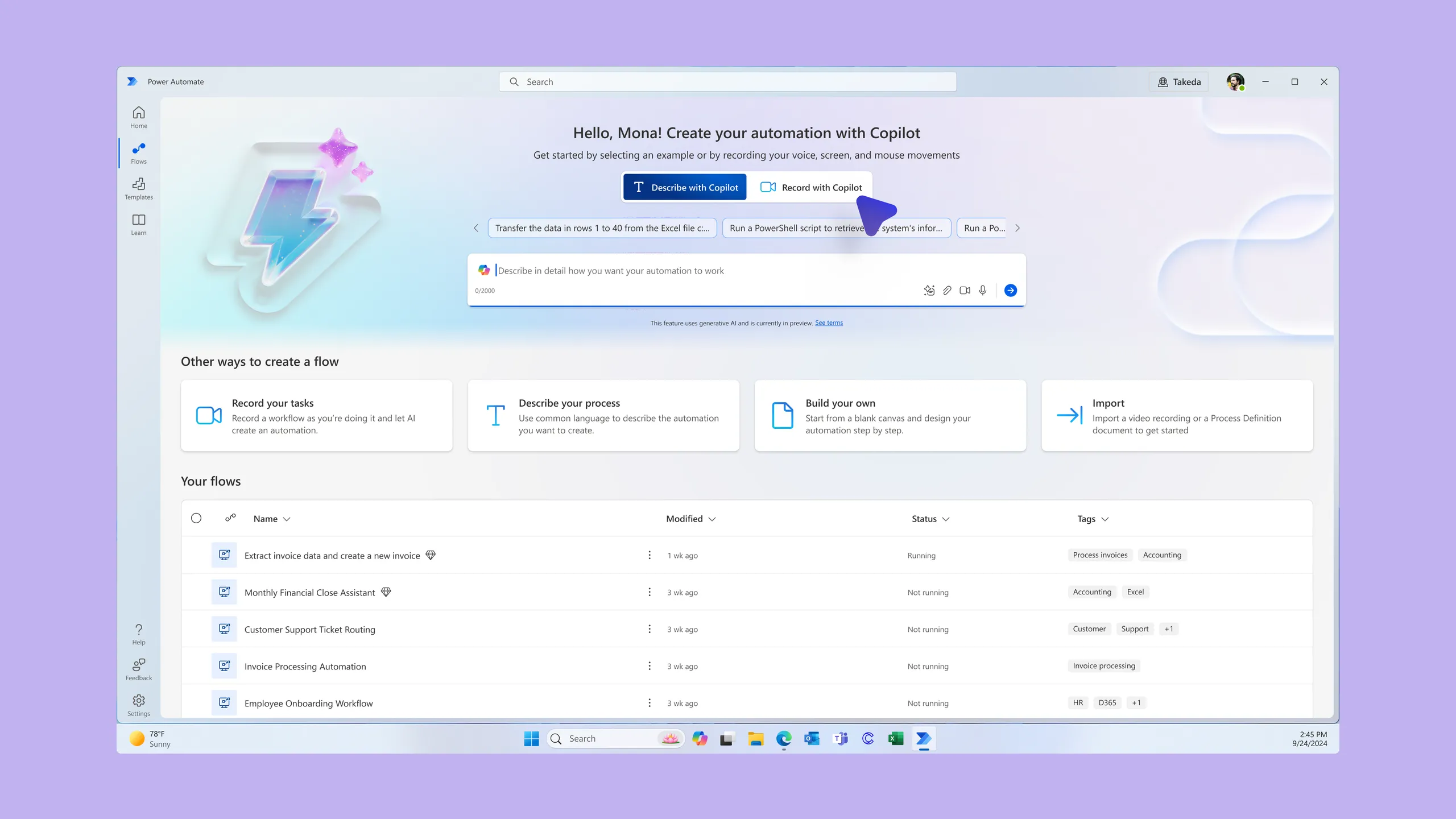 Power Automate for desktop home screen, with Describe with Copilot and Record with Copilot options above a list of flows.