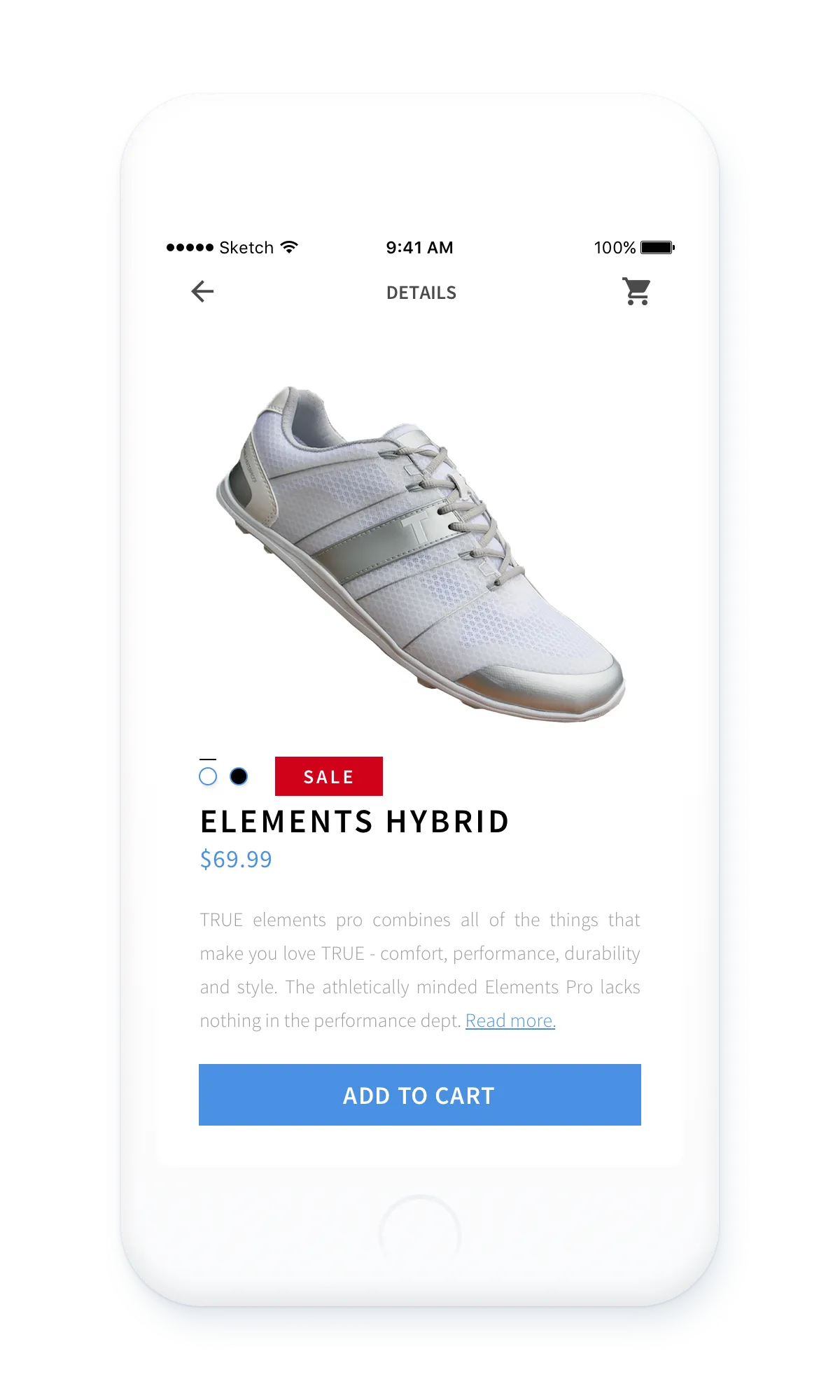 Mobile product page for the Elements Hybrid, on sale, with color options and an Add to cart button.