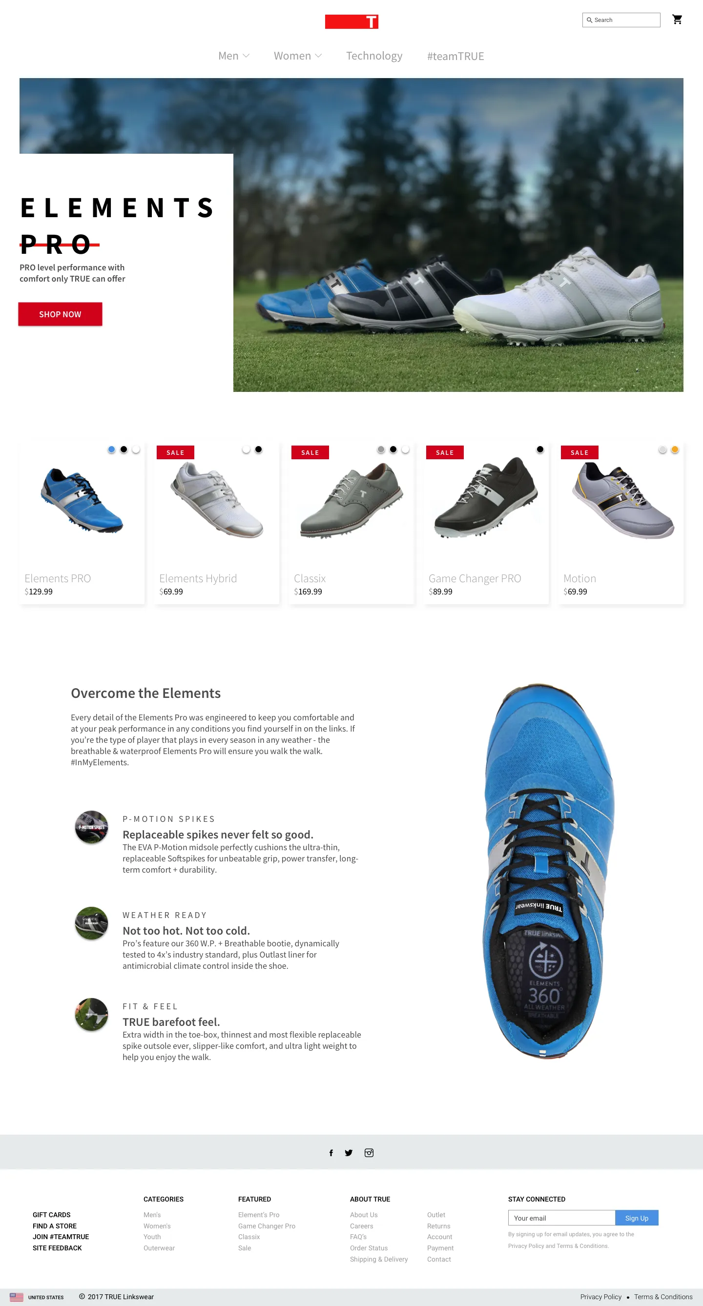 TRUE Linkswear home page: an Elements Pro hero with golf shoes on grass, a row of shoes with prices, and a feature section.