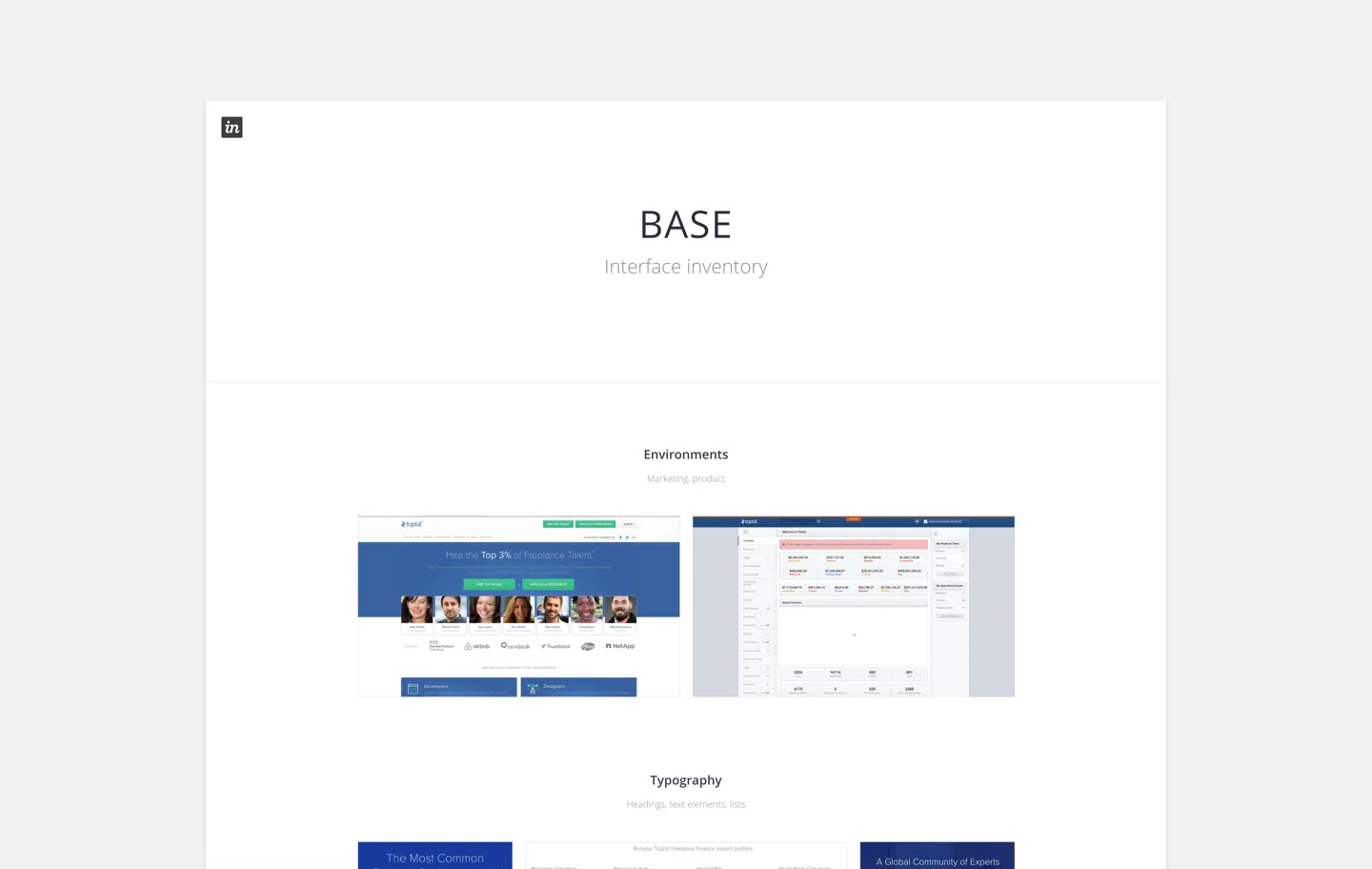 The top of an InVision board titled BASE: Interface inventory, with a marketing home page and a product dashboard.