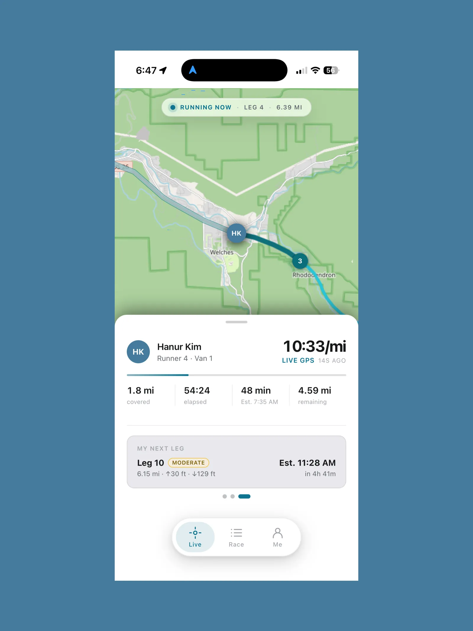 iPhone Live screen: a map with the runner on Leg 4 above a card of live pace, distance covered and time remaining.