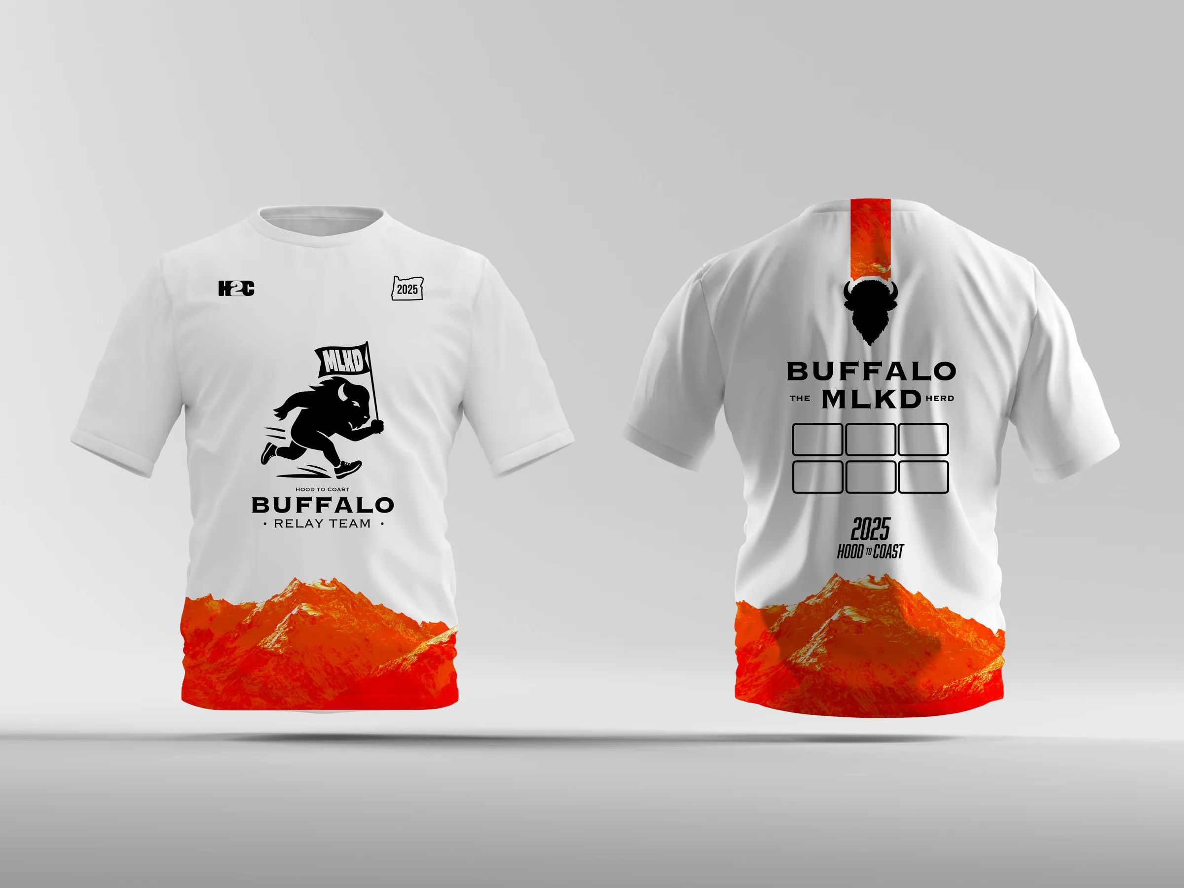 Front and back of a white relay team shirt: a running buffalo carrying an MLKD flag over Buffalo Relay Team, and orange mountains along the hem.