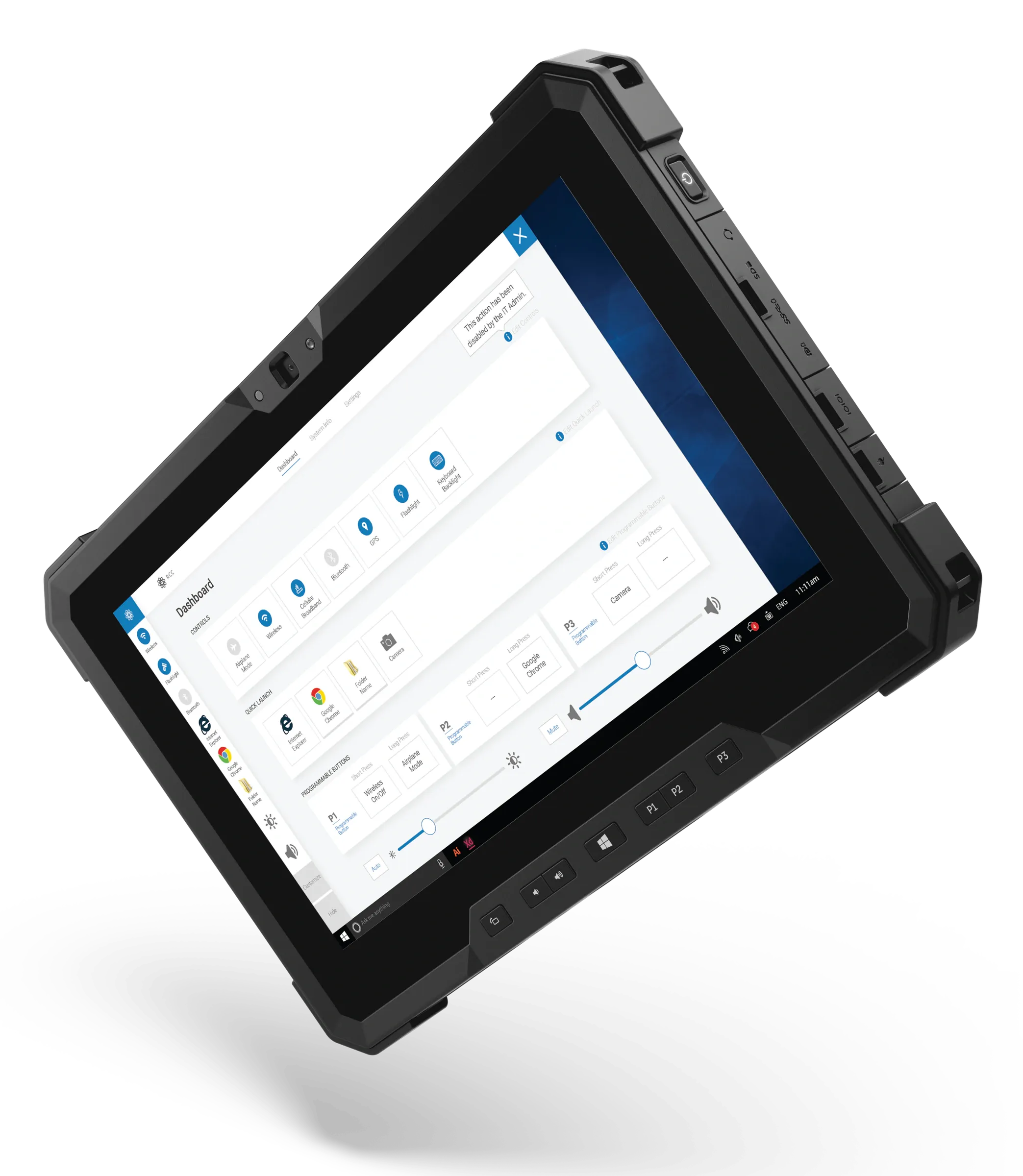 A rugged Dell tablet showing the Rugged Control Center dashboard.