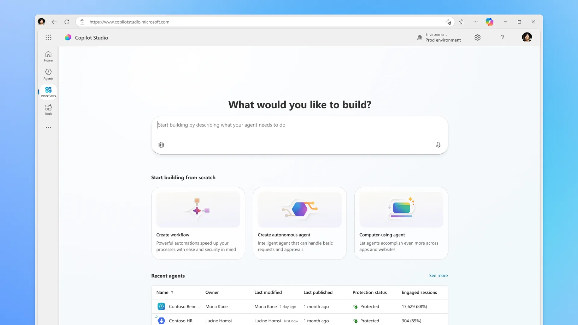 A New computer use tool dialog with a description field and three prompt templates, such as Automated data processing.