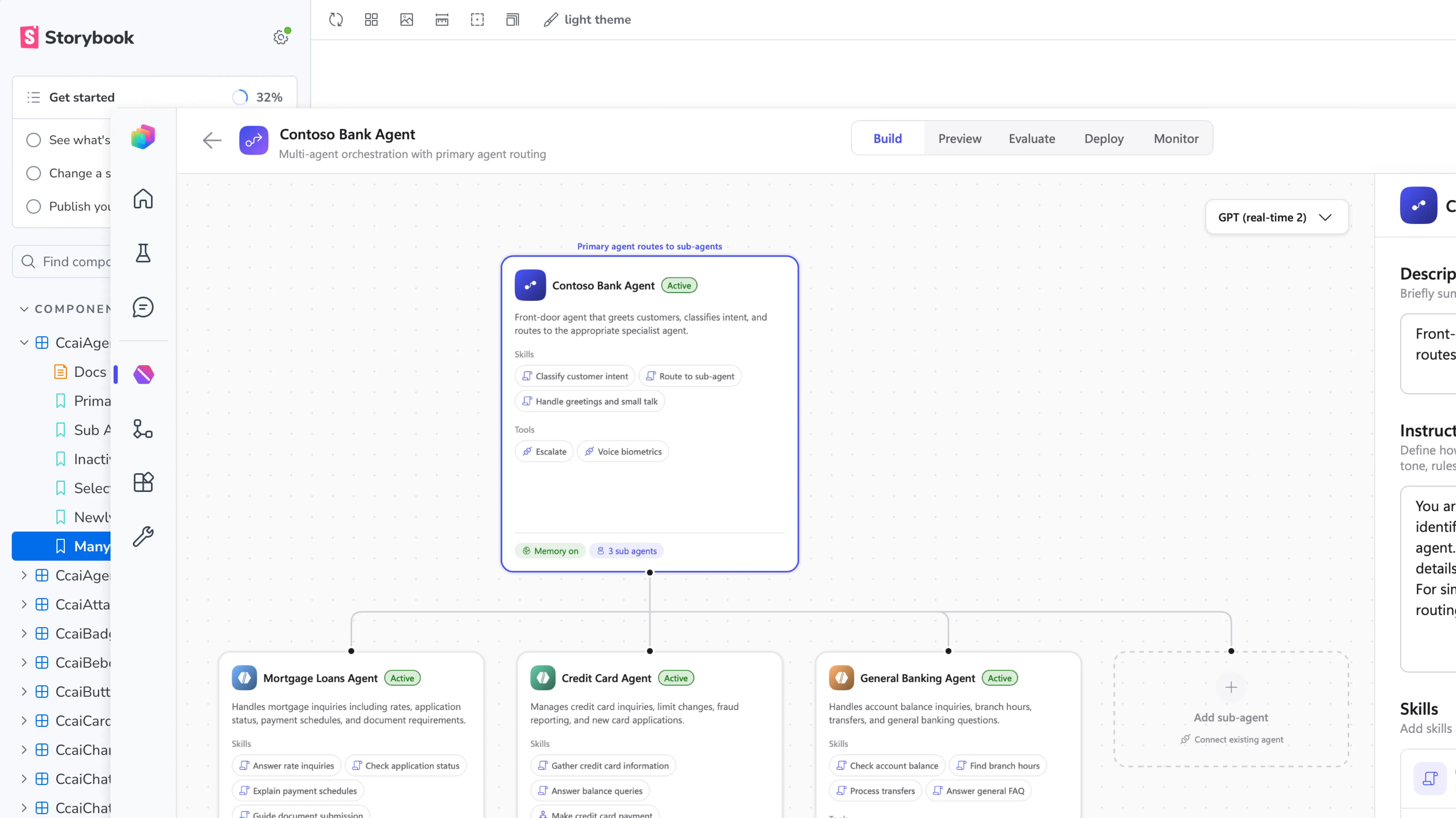 The prototype in Storybook: a component list at left and an agent builder with a primary agent linked to three sub-agents.