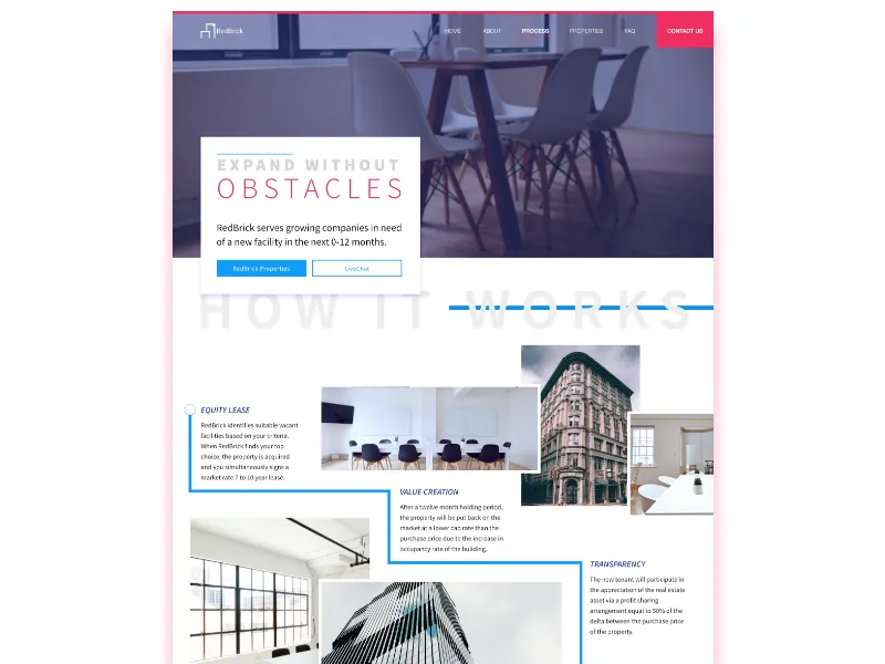 RedBrick process page: “Expand without obstacles” above a How it works timeline with office photos.