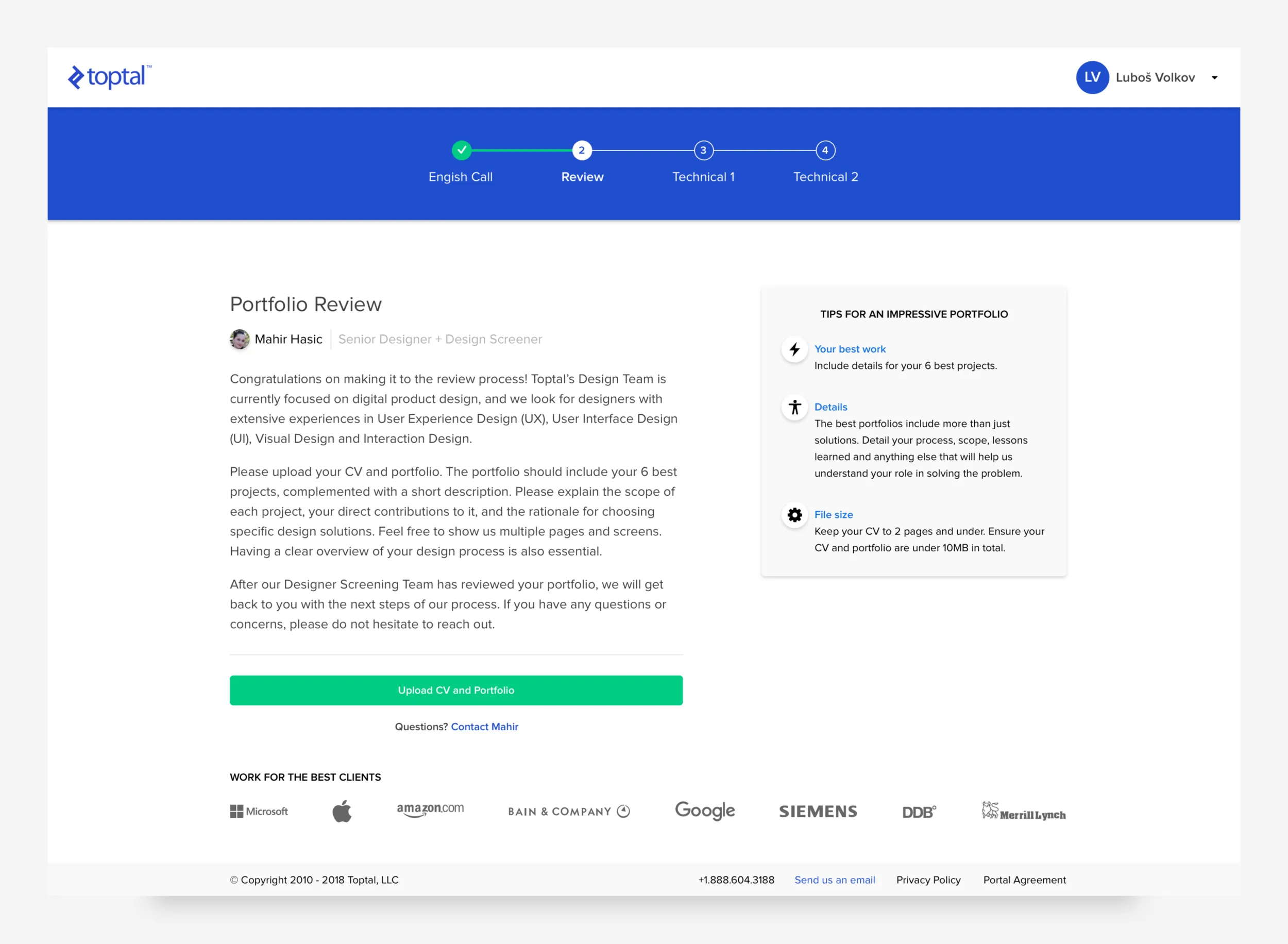 The Portfolio Review step: a progress bar, upload instructions, a green Upload CV and Portfolio button, and a tips card.