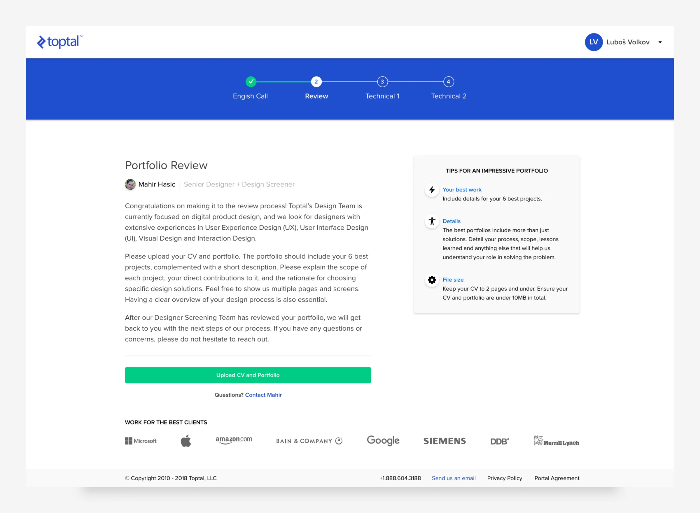The Portfolio Review step: a progress bar, upload instructions, a green Upload CV and Portfolio button, and a tips card.