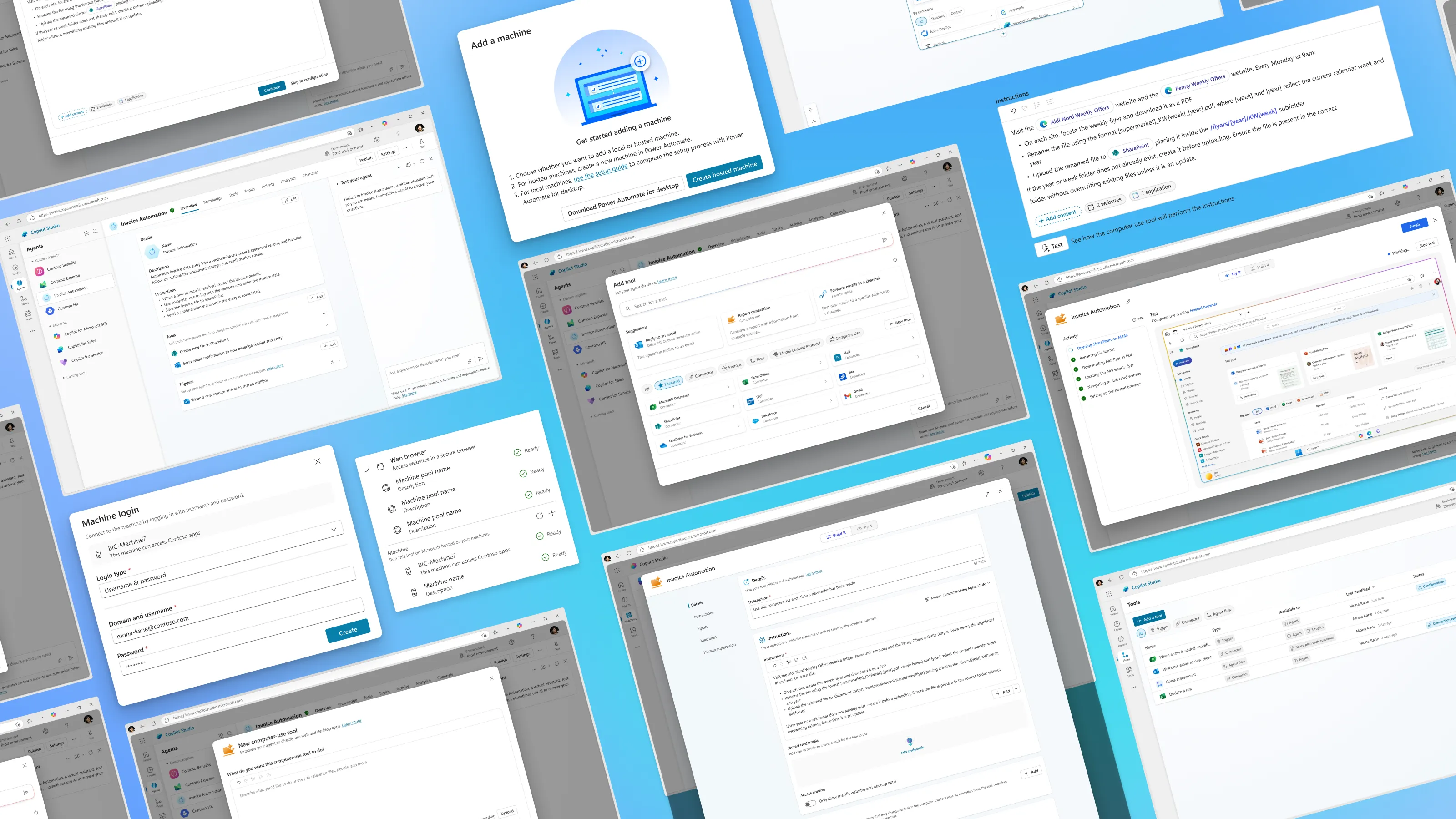 Tilted collage of Copilot Studio screens for computer use on a blue background.
