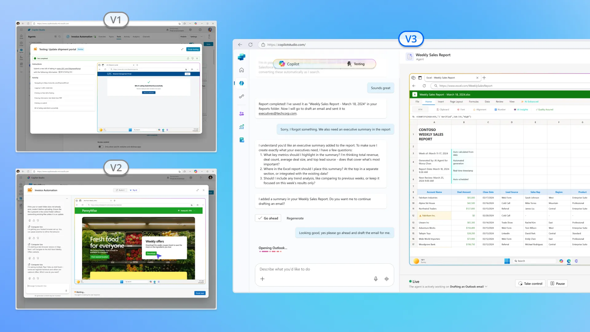 Three test-experience layouts labeled V1, V2 and V3, growing from small side-by-side views to a large run with chat and Excel.