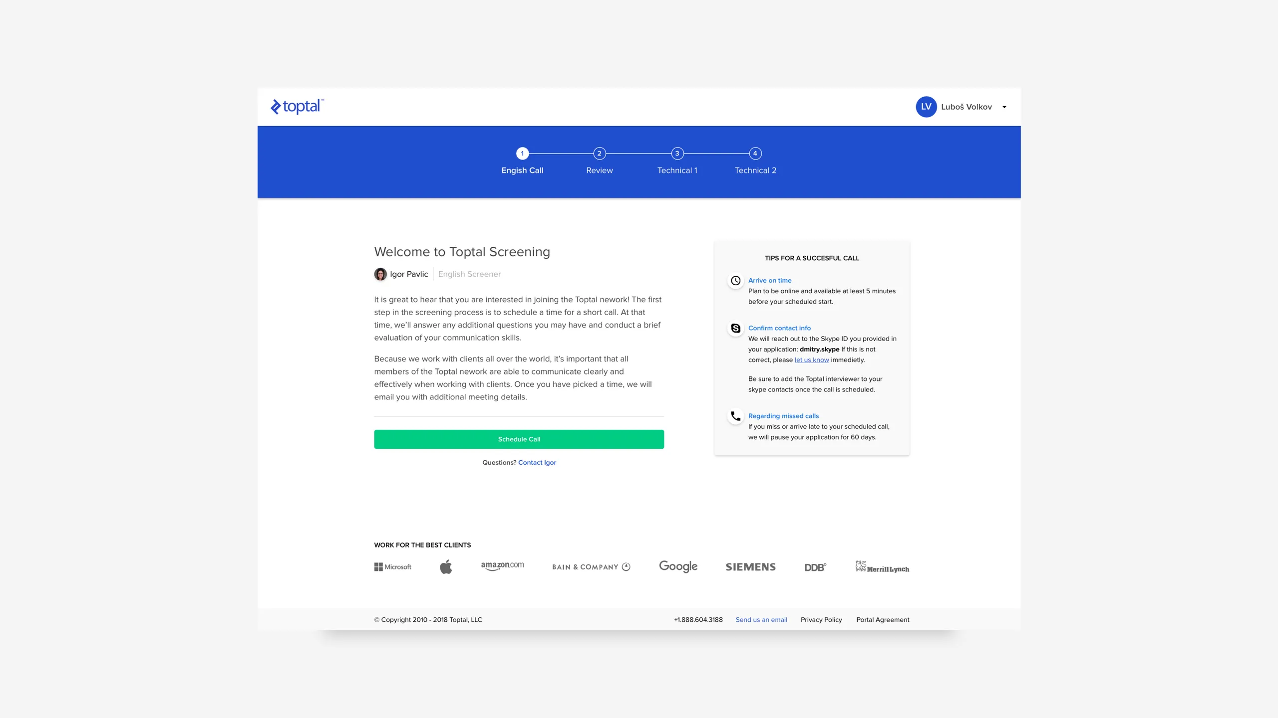 The Toptal screening welcome screen: a four-step progress bar above a Schedule Call button and a tips card.