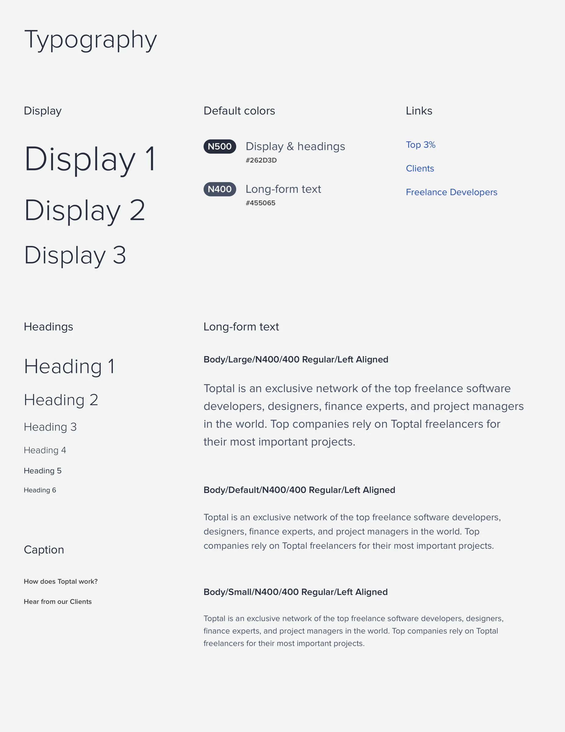 A BASE Typography page showing Display sizes, Headings 1 to 6, a caption sample and long-form text in three sizes.