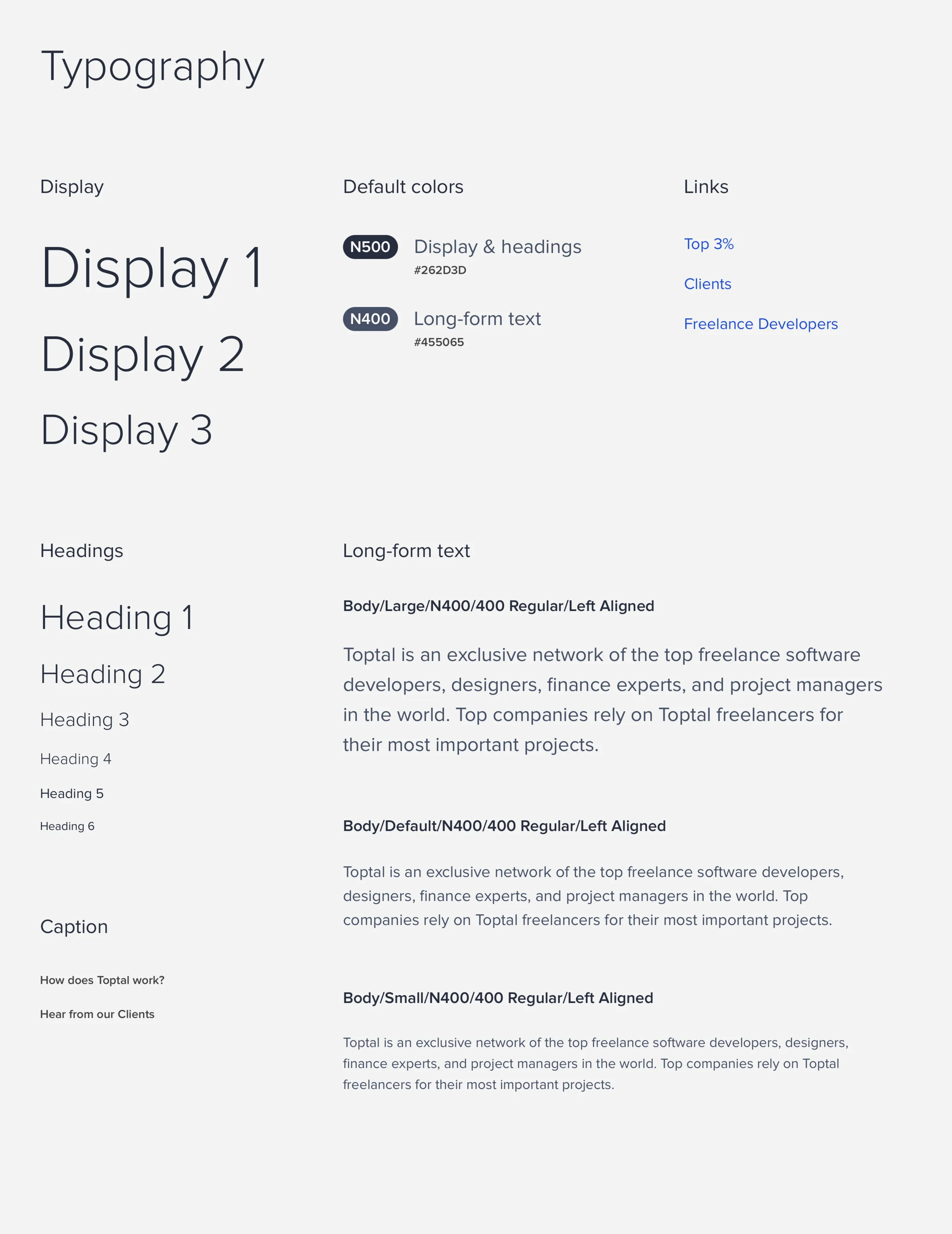 A BASE Typography page showing Display sizes, Headings 1 to 6, a caption sample and long-form text in three sizes.